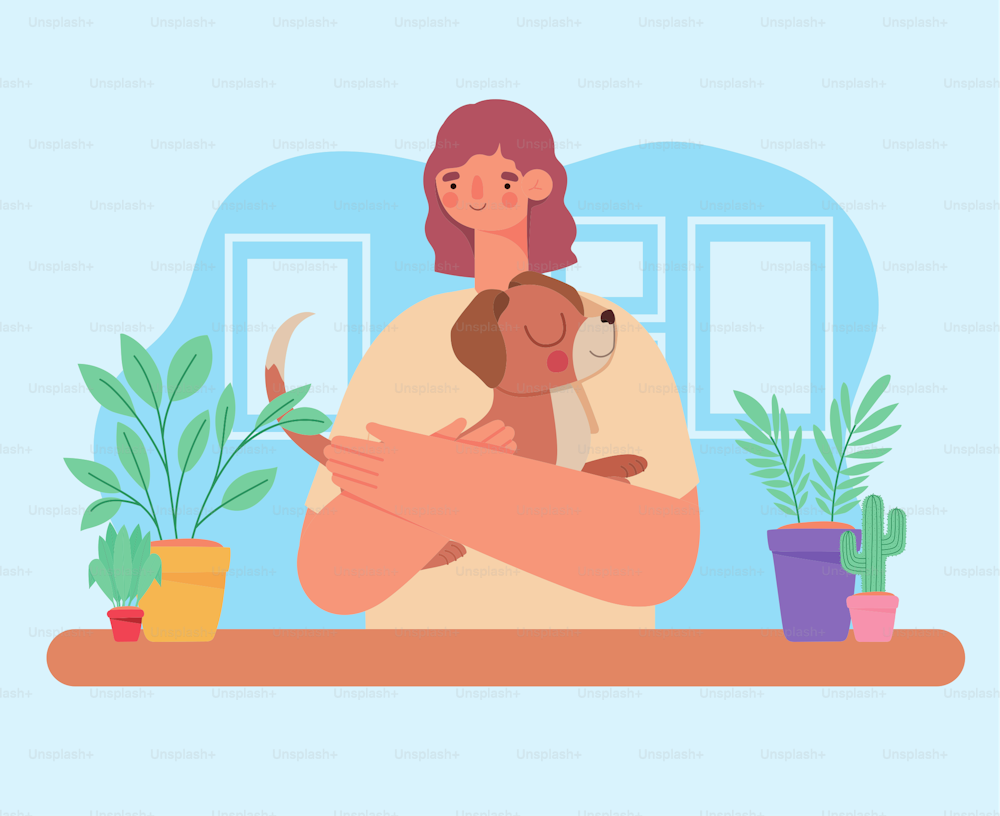 woman holding puppy and plants
