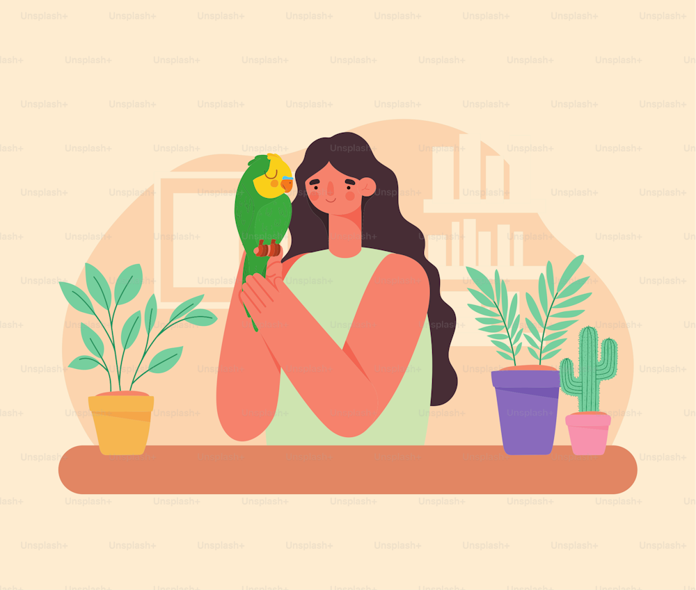 woman holding parrot and plants