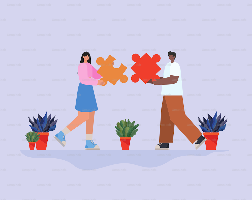 man and woman with one piece of puzzle each and plants vector illustration design