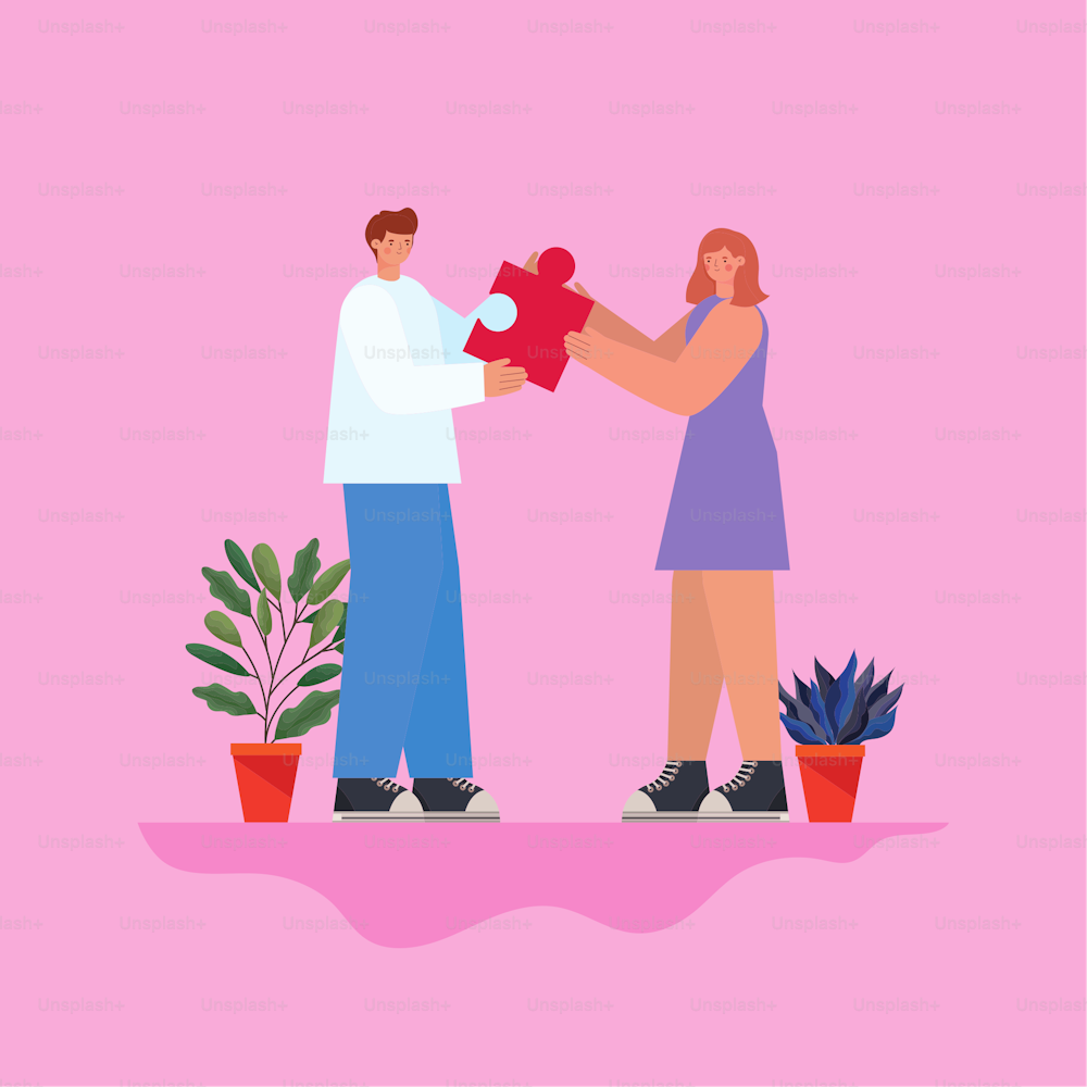 homem e mulher com peça vermelha do quebra-cabeça e plantas em um projeto de ilustração vetorial de fundo cor-de-rosa