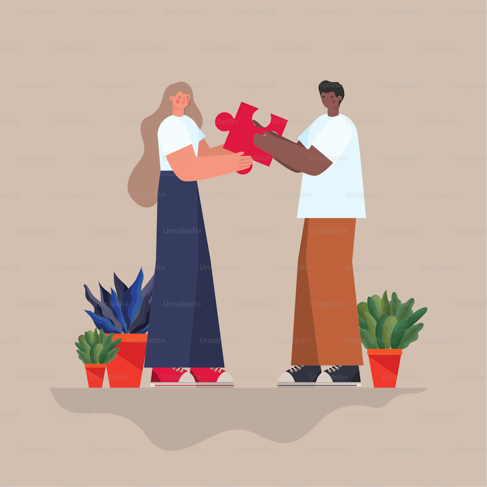 Mann und Frau mit rotem Puzzleteil und Pflanzen Vektor Illustration Design