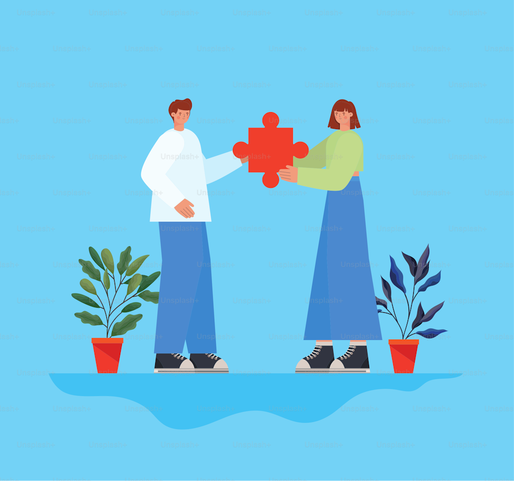 man and woman with puzzle piece and plants vector illustration design