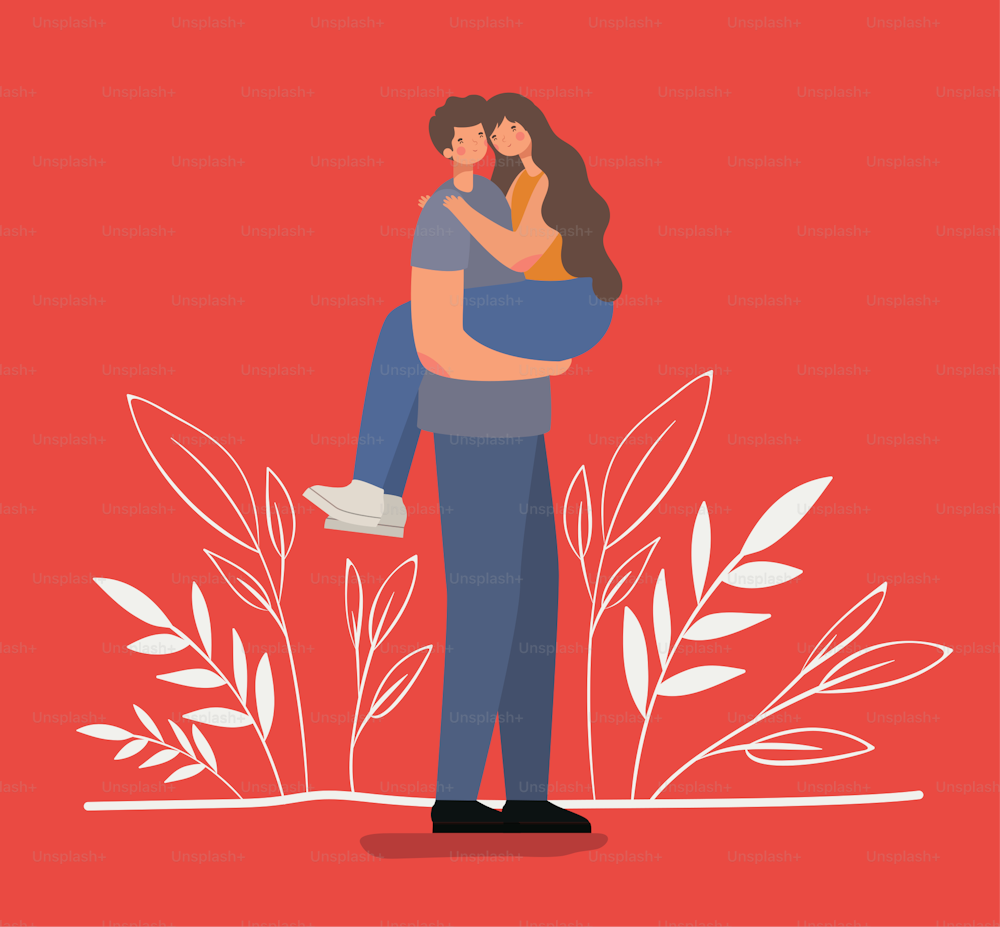 romantic couple hugging and lifting the girl on a red backgorund vector illustration design