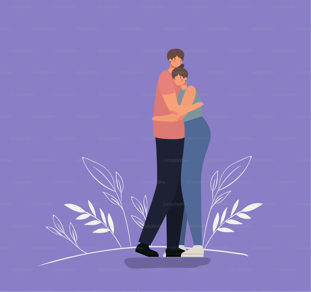 romantic couple hugging over a purple background vector illustration design