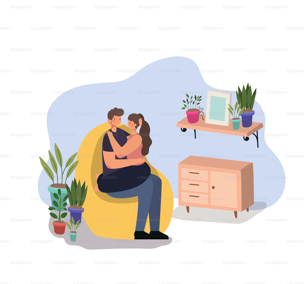romantic couple sit and hugging on a room with plants vector illustration design