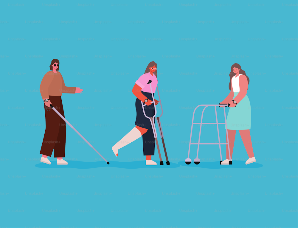 Dessins animés de femmes handicapées avec béquilles moulées de jambe de canne et déambulateur Thème de la diversité de l’inclusion et des soins de santé Illustration vectorielle