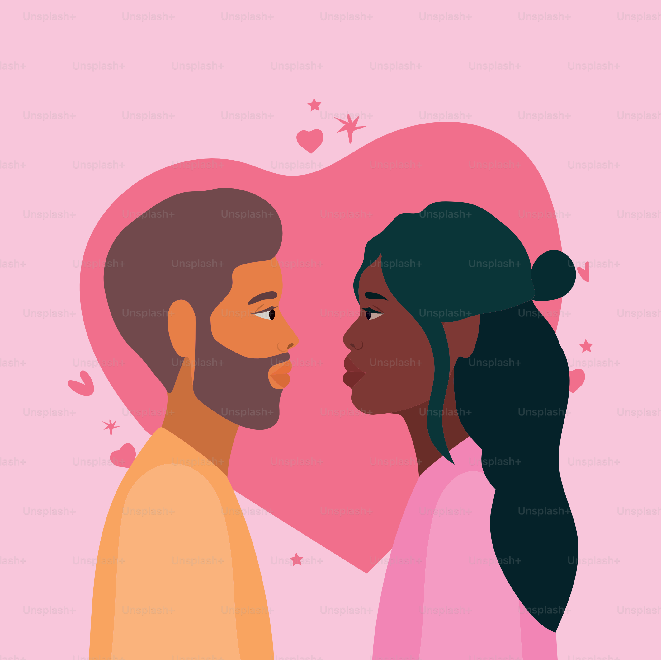 couple of woman and man in side view in front of heart design, Relationship love and romance theme Vector illustration