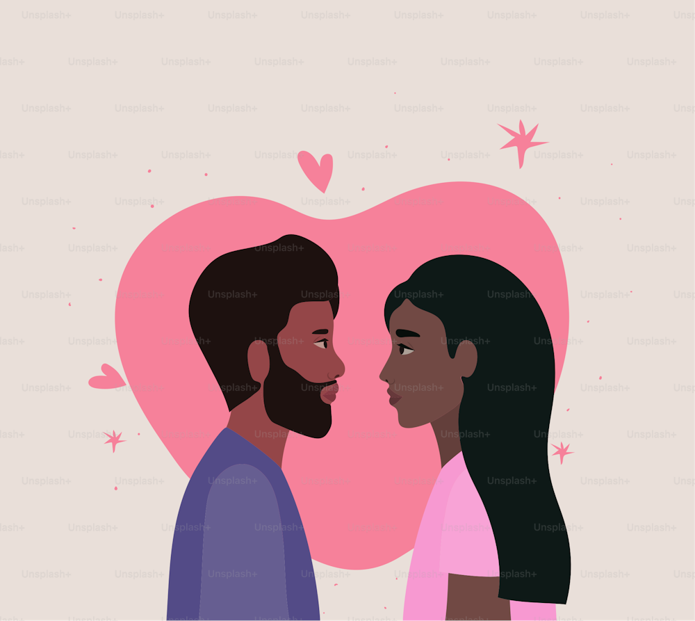 black couple of woman and man in side view in front of heart design, Relationship love and romance theme Vector illustration