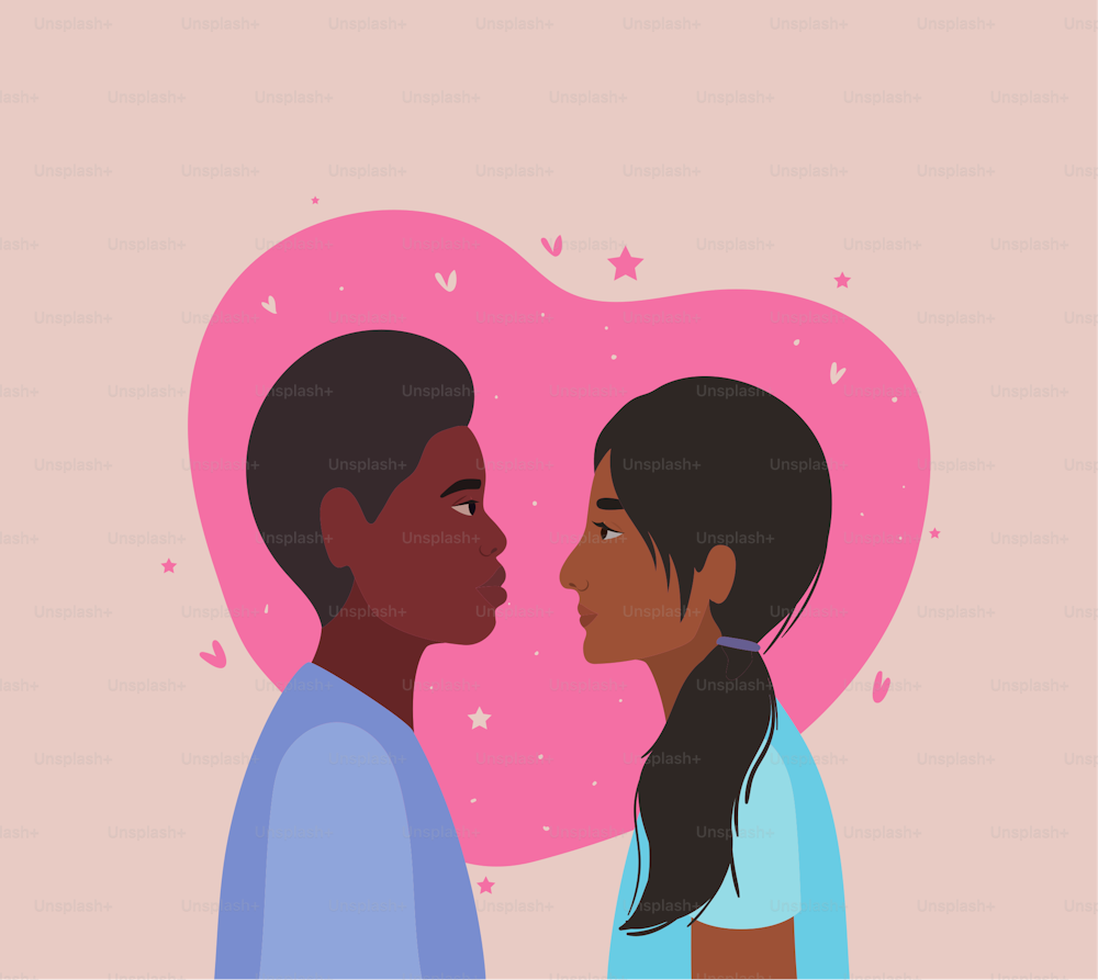 couple of indian woman and black man in side view in front of heart design, Relationship love and romance theme Vector illustration