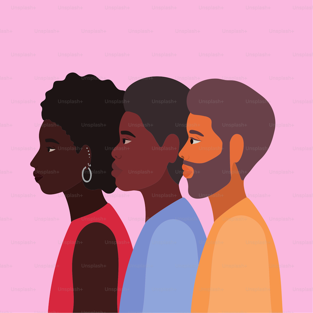 여성과 남성의 다양성 스킨 만화 디자인, 사람들, 다민족 인종 및 지역 사회 테마 벡터 일러스트레이션