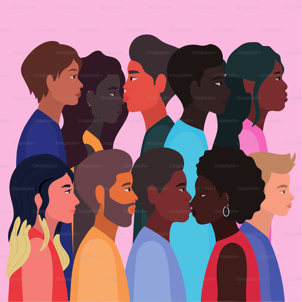 여성과 남성의 다양성 스킨 만화 디자인, 사람들, 다민족 인종 및 지역 사회 테마 벡터 그림