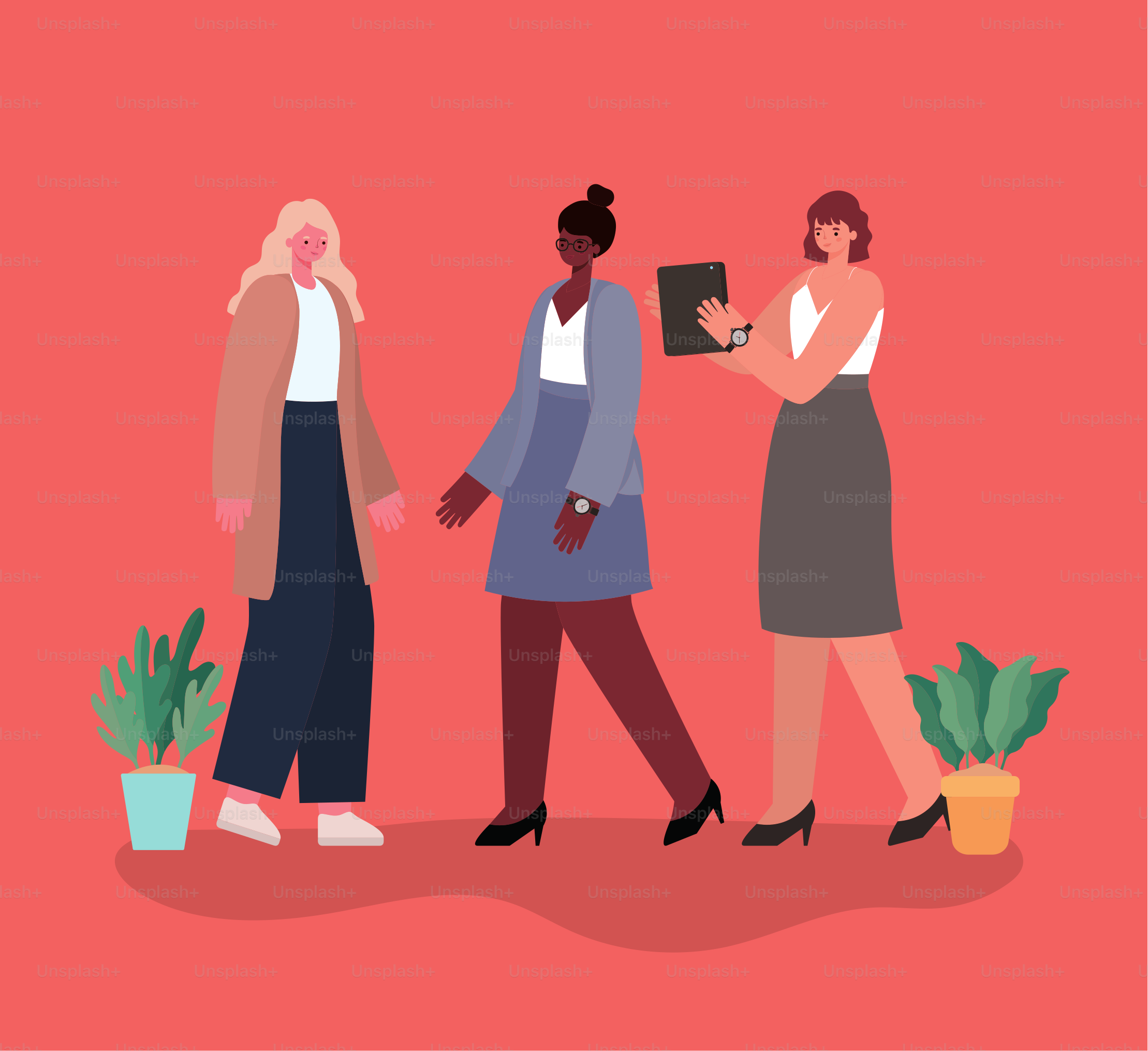 dessins animés de femmes d’affaires avec tablette et plantes dans des pots : design, gestion d’entreprise et thème d’entreprise Illustration vectorielle