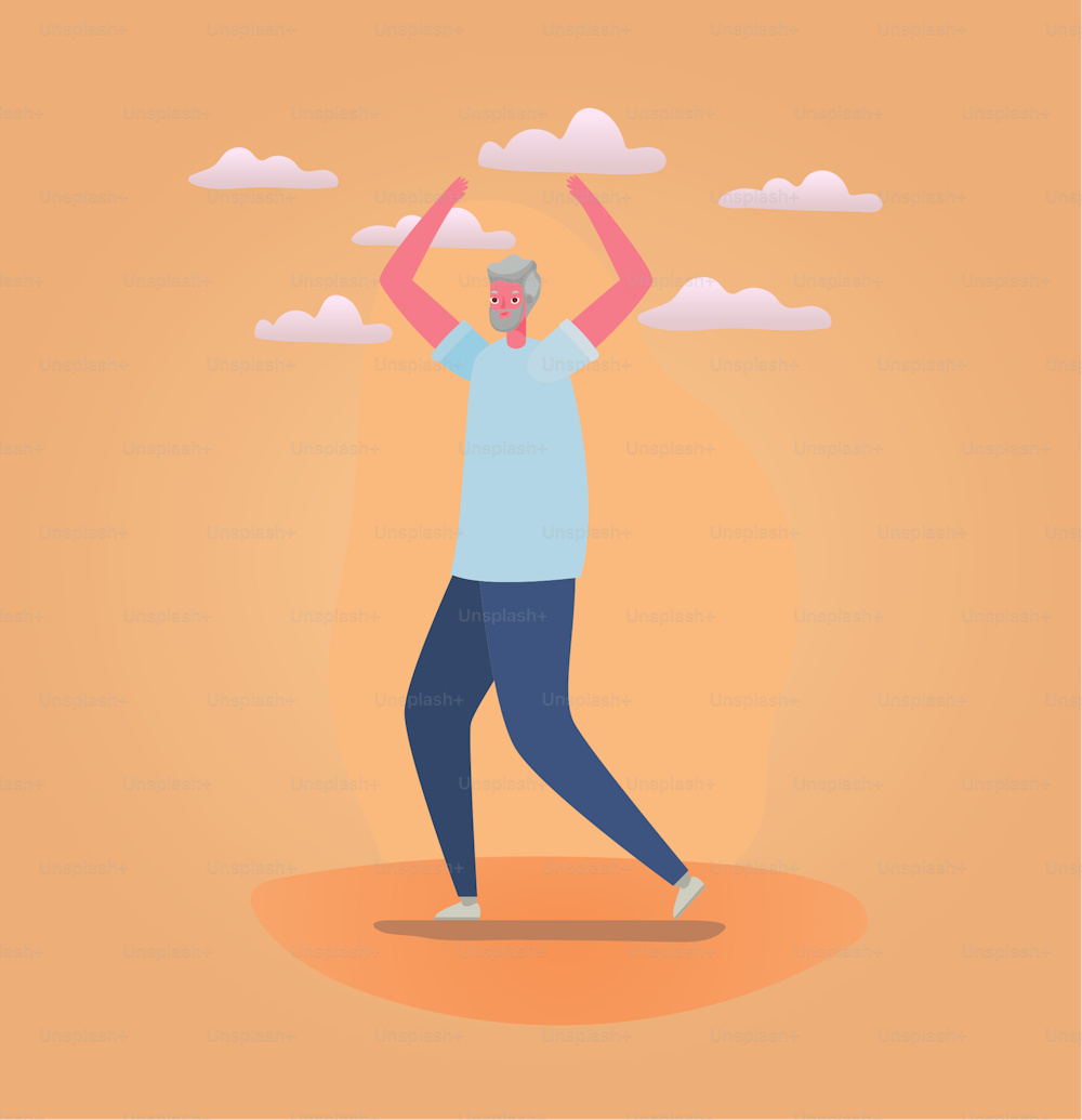 Cartone animato dell'uomo anziano con abbigliamento sportivo e design delle nuvole, tema dell'attività all'aperto Illustrazione vettoriale