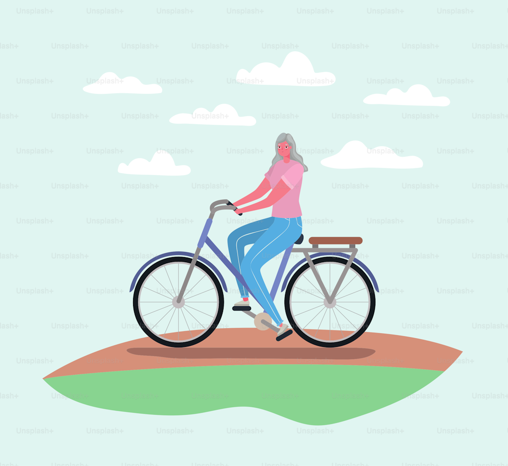 Senior woman cartoon riding bike design, Outdoor activity theme Vector illustration
