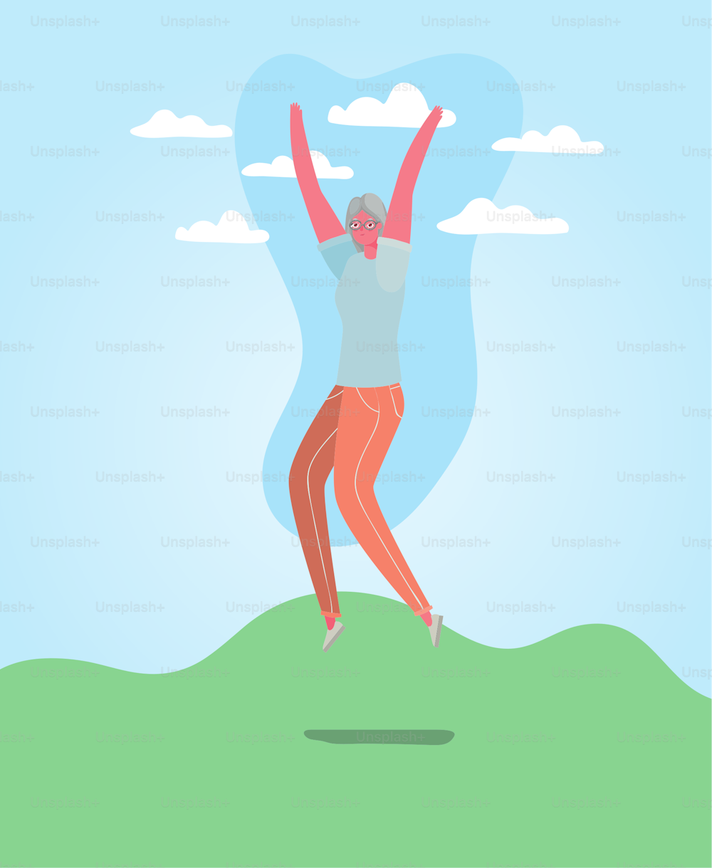 Senior woman cartoon jumping at park design, Outdoor activity theme Vector illustration