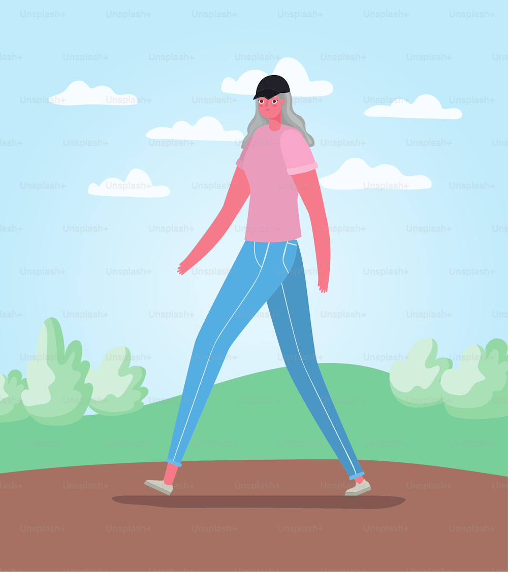 Vignetta della donna senior che cammina al design del parco, tema dell'attività all'aperto Illustrazione vettoriale