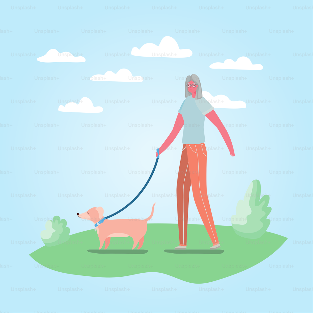 Cartone animato della donna senior con il cane al disegno del parco, tema dell'attività all'aperto Illustrazione vettoriale
