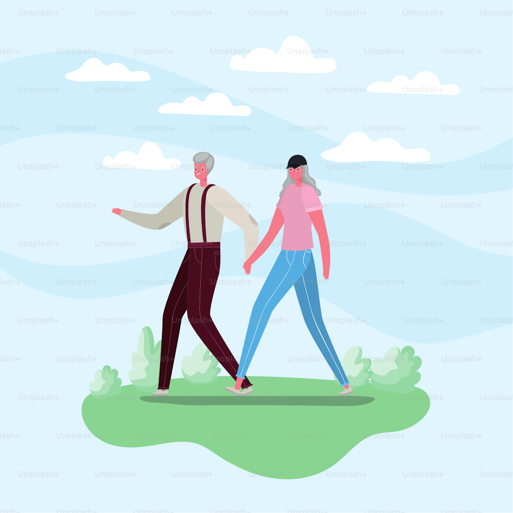 Cartoni animati senior della donna e dell'uomo che camminano al design del parco, tema dell'attività Illustrazione vettoriale