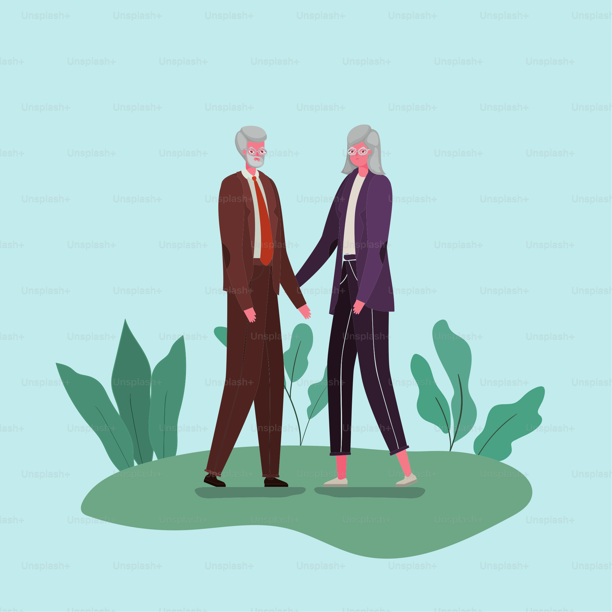 Senior woman and man cartoons with leaves design, grandmother and grandfather theme Vector illustration