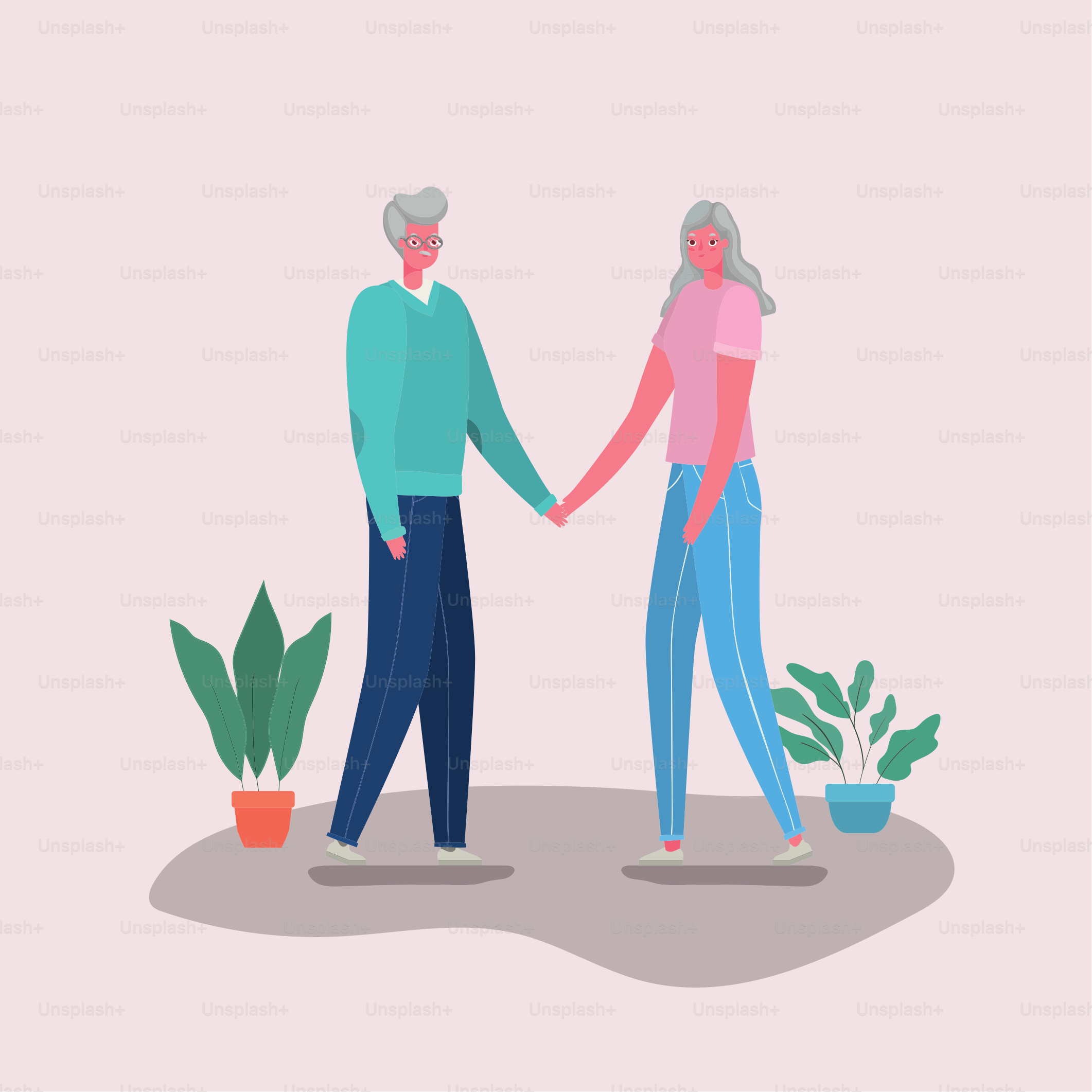 Senior woman and man cartoons with plants design, grandmother and grandfather theme Vector illustration