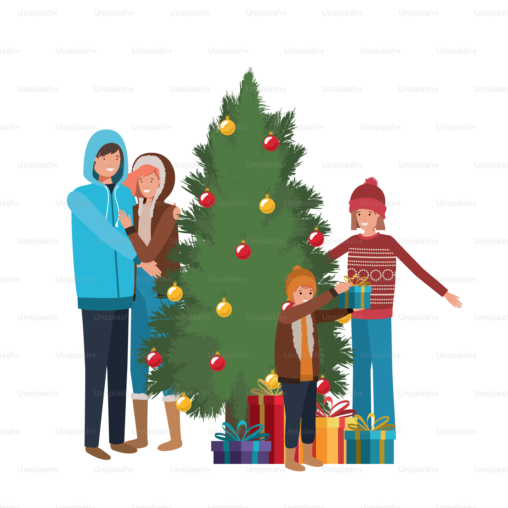 Membros da família com design de ilustração vetorial de Natal em árvore de pinheiro