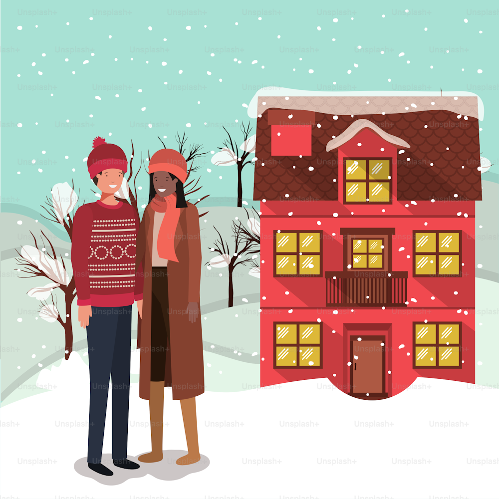 young couple with winter clothes in the field vector illustration design