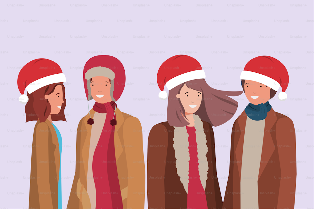young couples with winter clothes characters vector illustration design