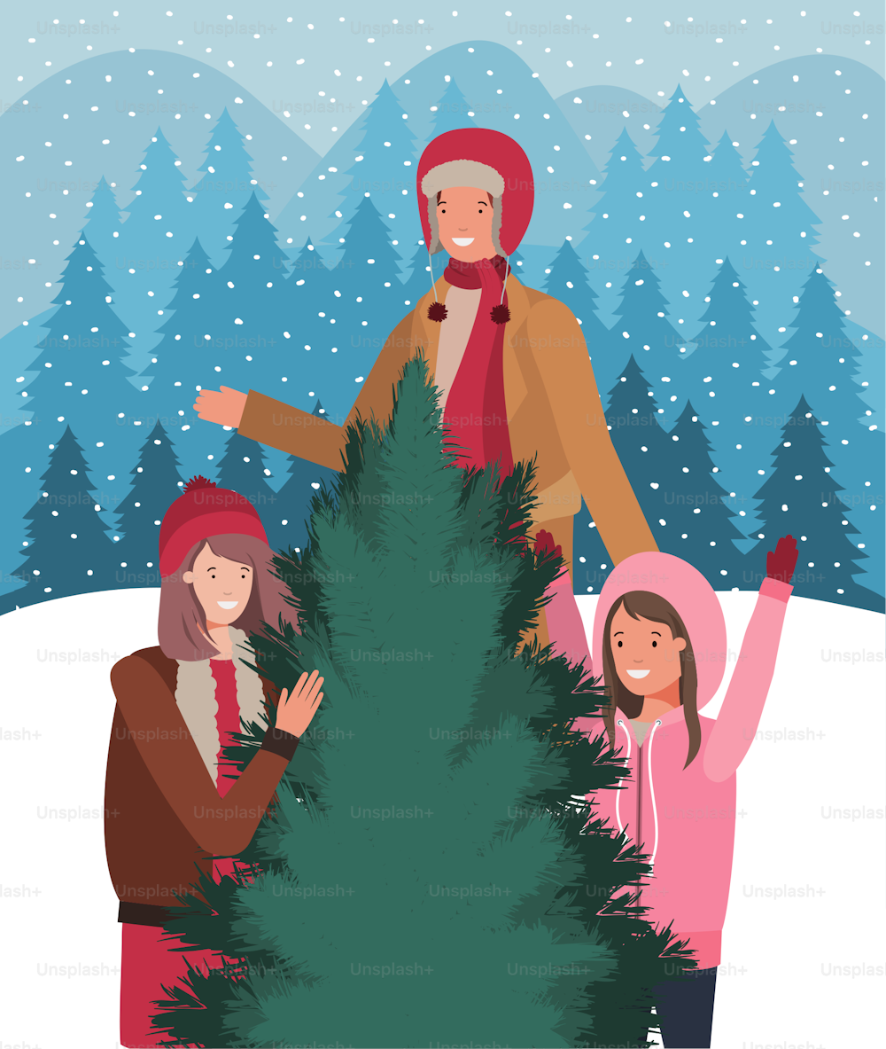young people with pine tree christmas celebration vector illustration design