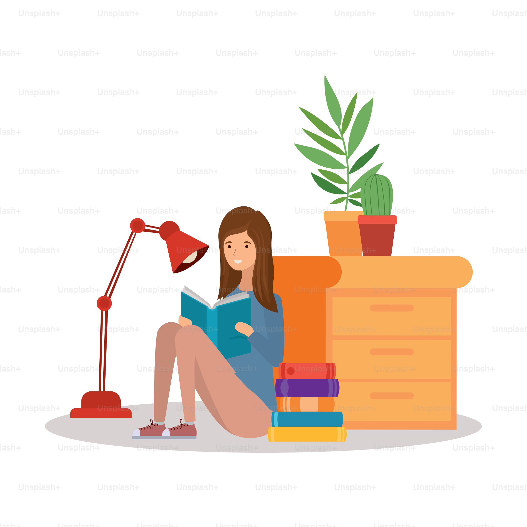 Mujer estudiante lectura libro Diseño de ilustración vectorial de personajes