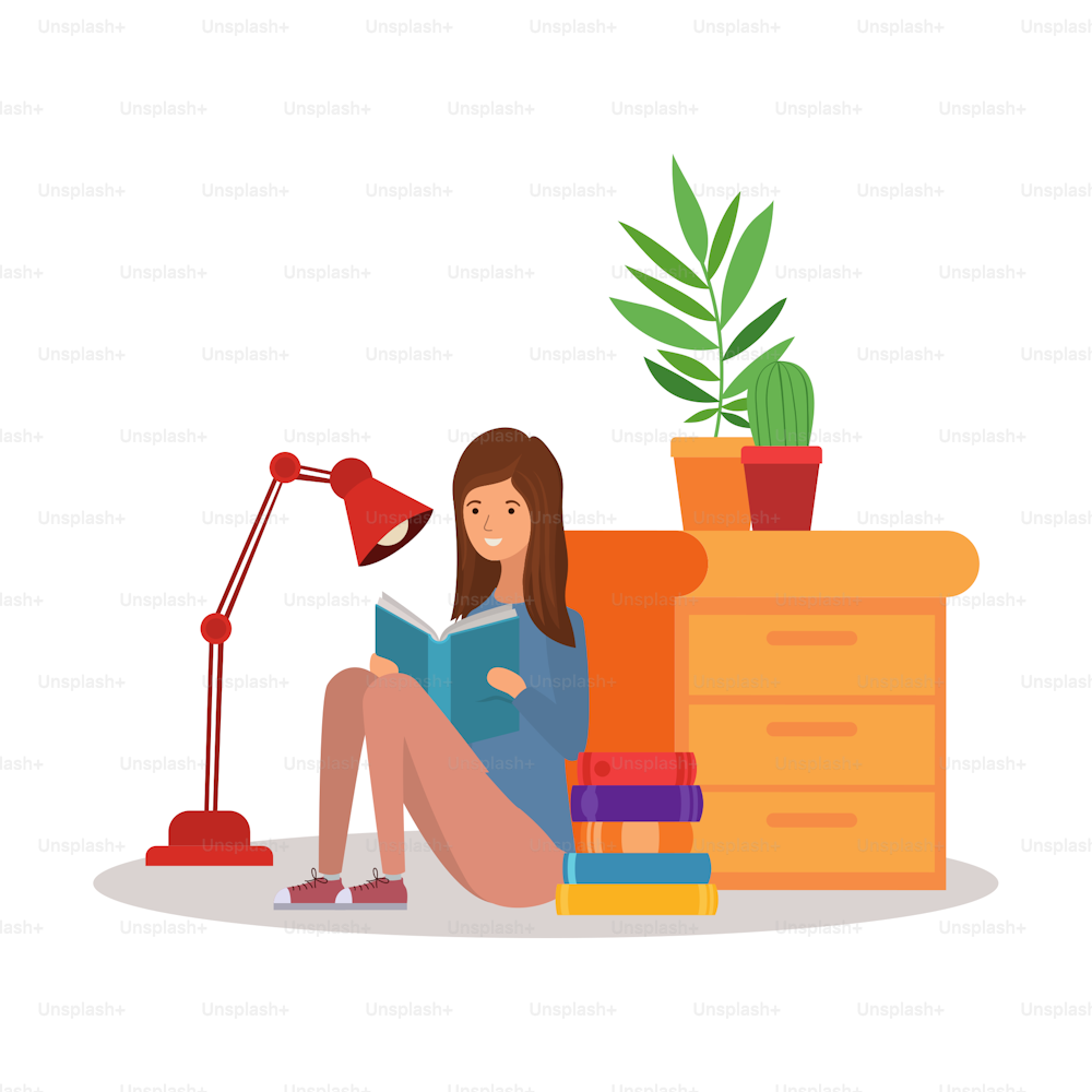 woman student reading book character vector illustration design