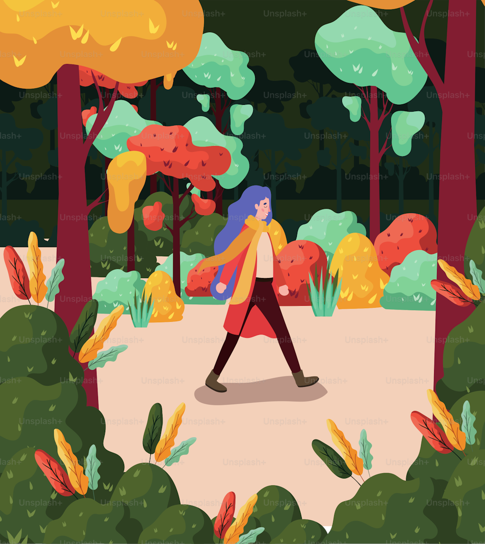 Niña feliz caminando en el parque con árboles de otoño, diseño colorido. Ilustración vectorial