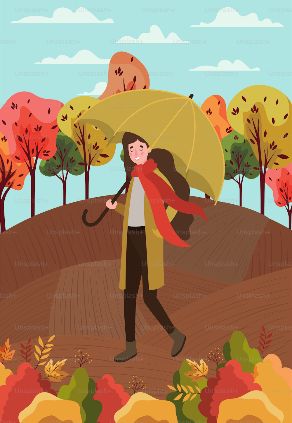 Hombre con traje de otoño y paraguas en el diseño de ilustración vectorial de personajes del campamento