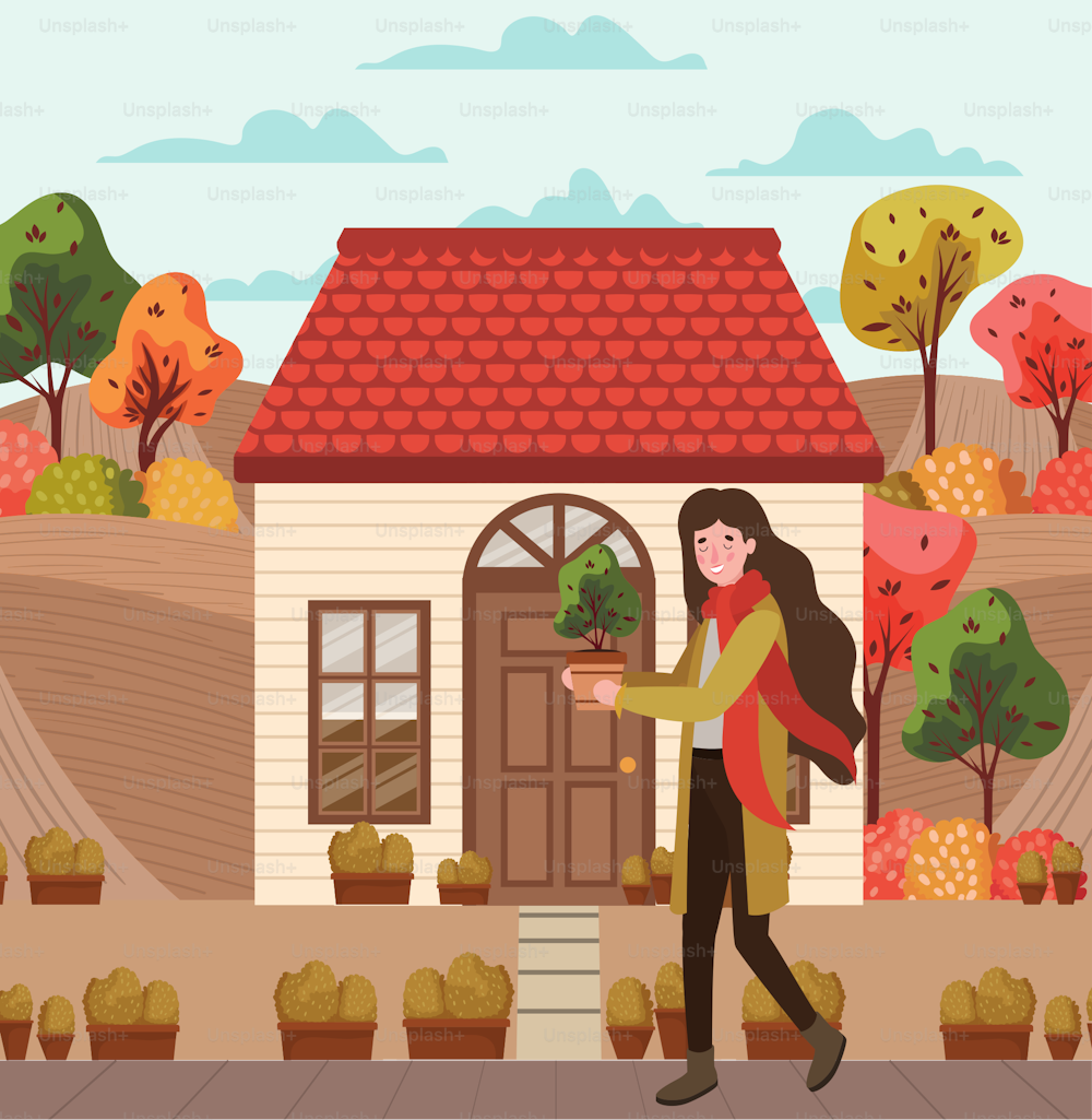 Frau geht mit Herbstanzug in der Stadt Vektor-Illustrations-Design