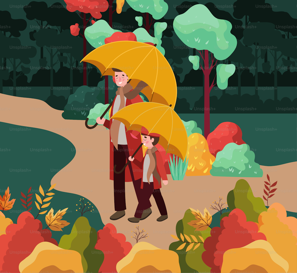father with son walking in autumn field scene vector illustration design