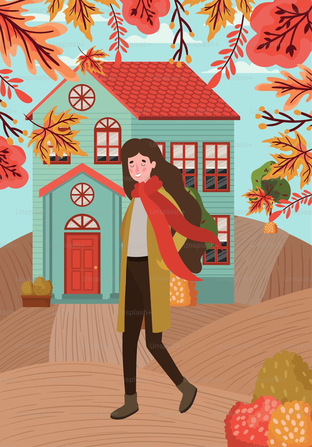 woman walking with autumn suit in the city vector illustration design