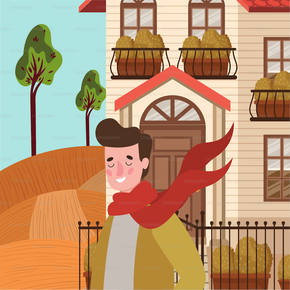 man with autumn suit in the city vector illustration design