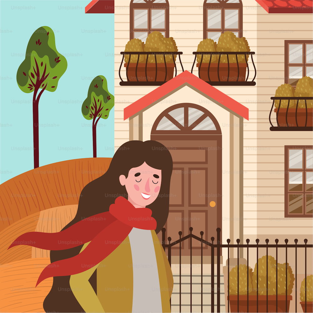 woman walking with autumn suit in the city vector illustration design