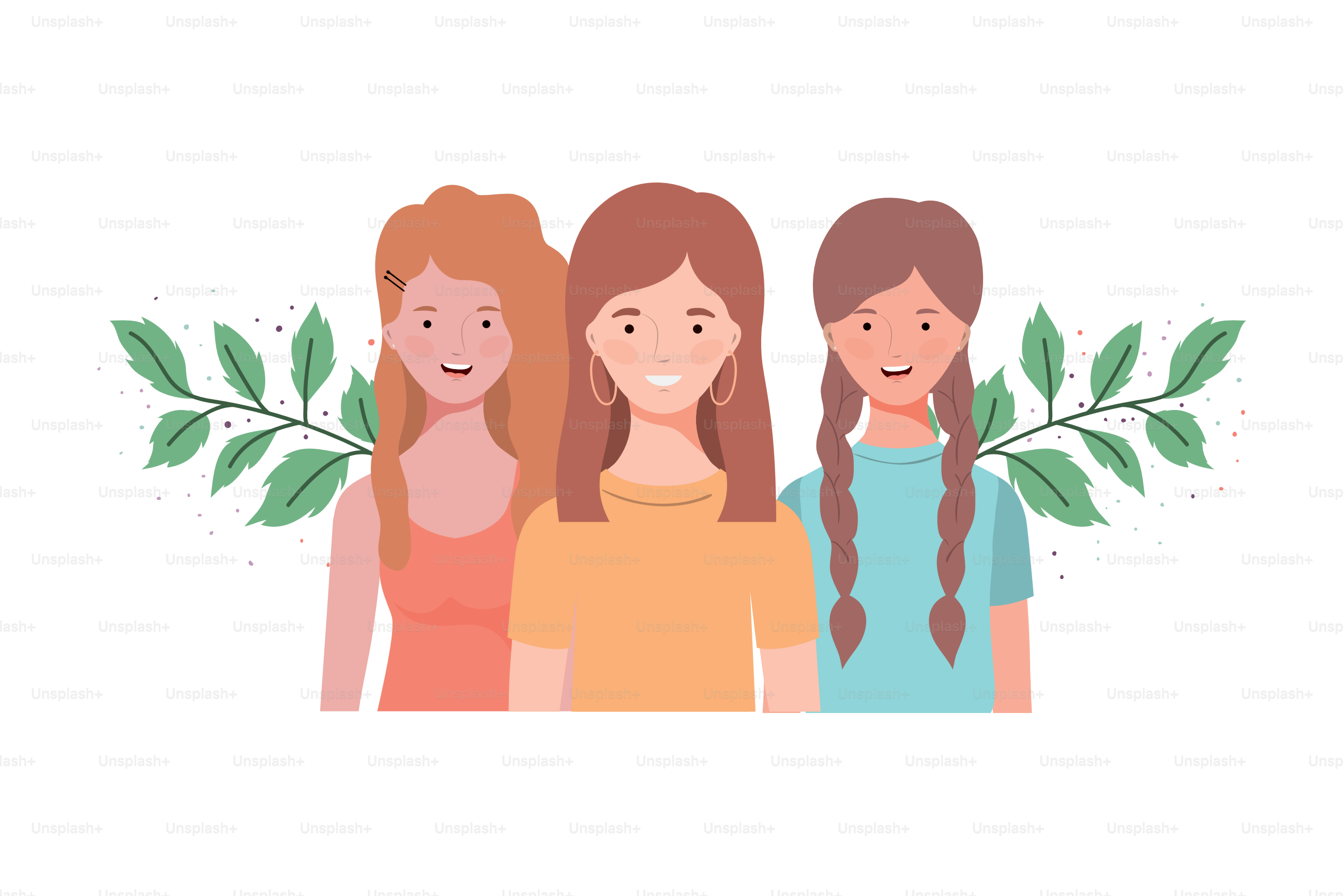 Junge Frauen mit Zweigen und Blättern im Hintergrund Vektorillustrationsdesign