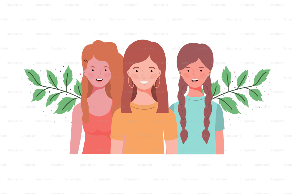 young women with branches and leaves background vector illustration design