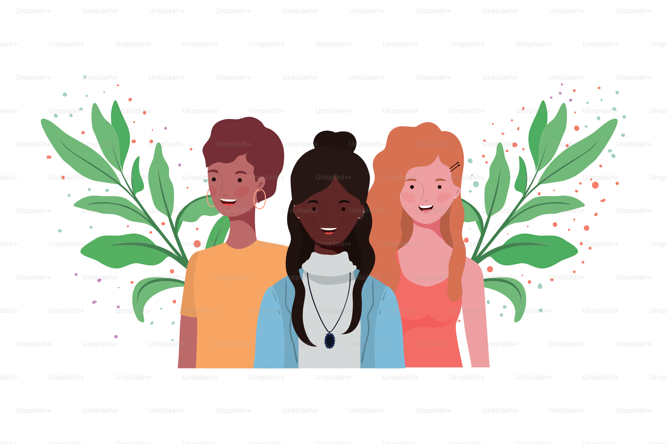 young women with branches and leaves background vector illustration design