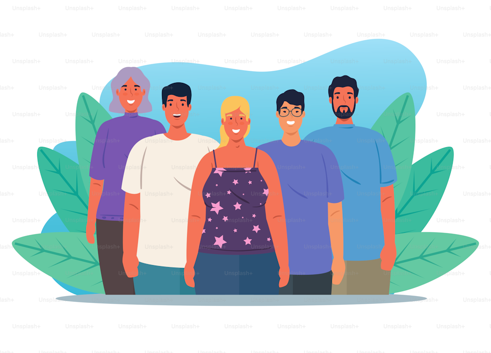 multiethnic group of people together in nature scene, women and men diversity and multiculturalism concept vector illustration design