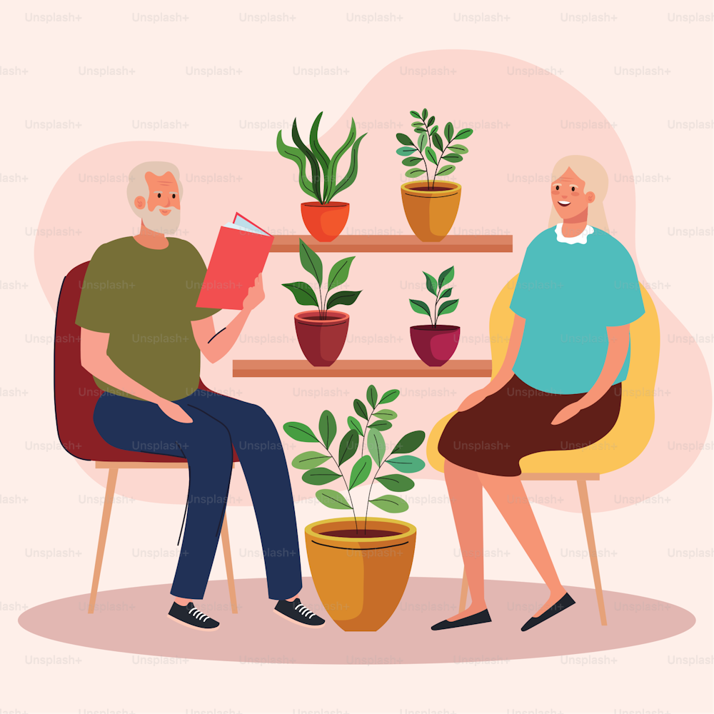 elderly old couple seated in the chair in the garden vector illustration design