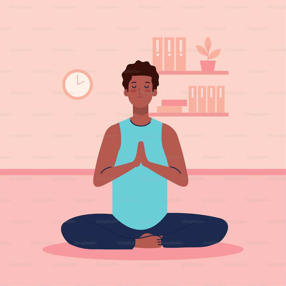 stay home, be safe, man afro meditating, yoga meditation relax, during coronavirus covid 19, stay at home quarantine, be careful vector illustration design