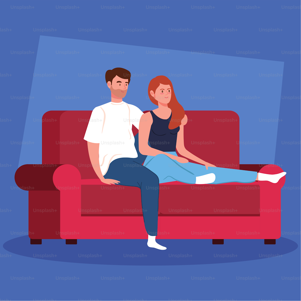 campaign stay at home with couple in living room vector illustration design