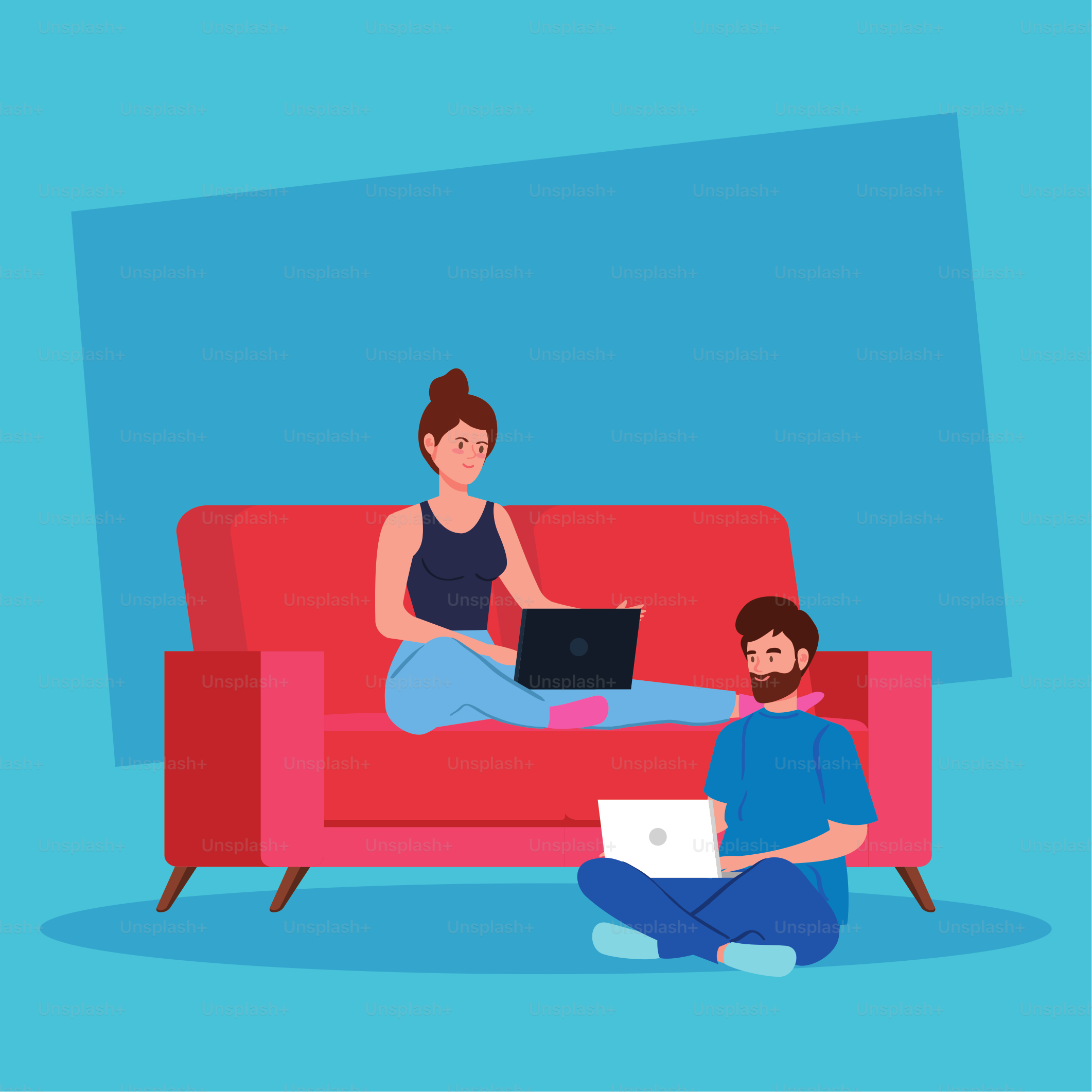 couple working in telecommuting sitting in couch vector illustration design