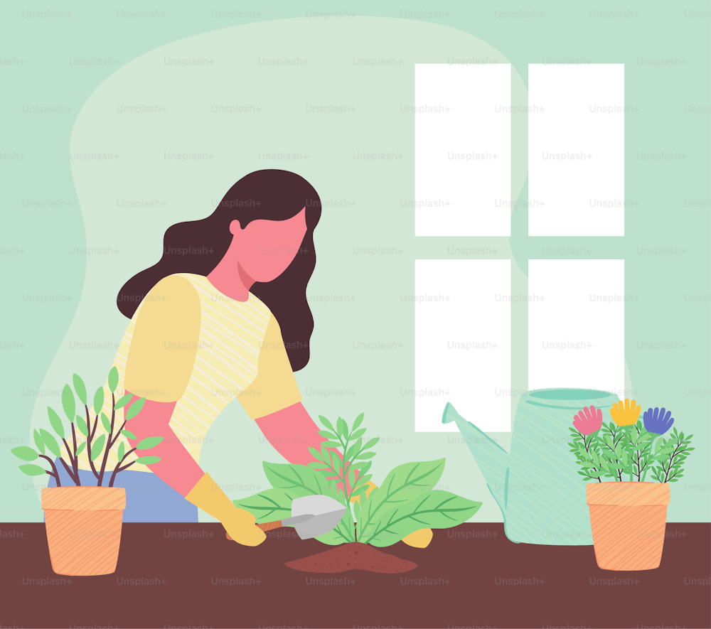 woman with spatule and ghouseplants gardening activity vector illustration design