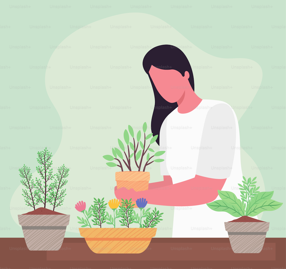 woman with houseplants gardening activity character vector illustration design