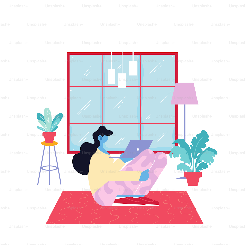 woman freelancer working remotely from her home vector illustration design