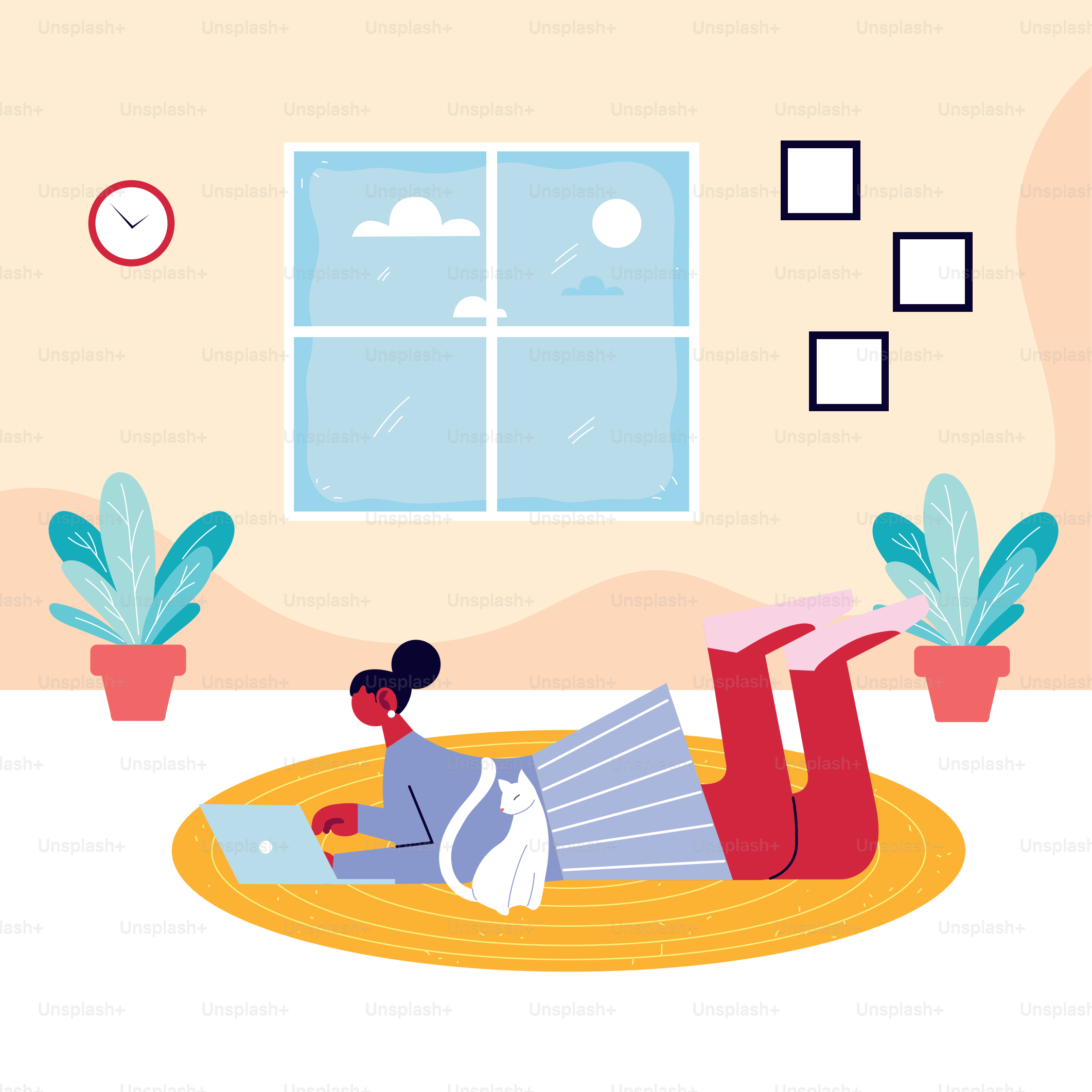 Mujer freelance trabajando de forma remota desde su casa en diseño de ilustración vectorial