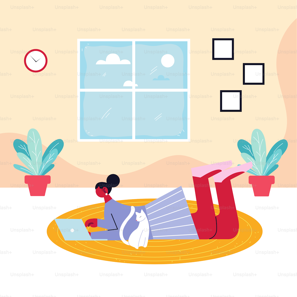 woman freelancer working remotely from her home vector illustration design